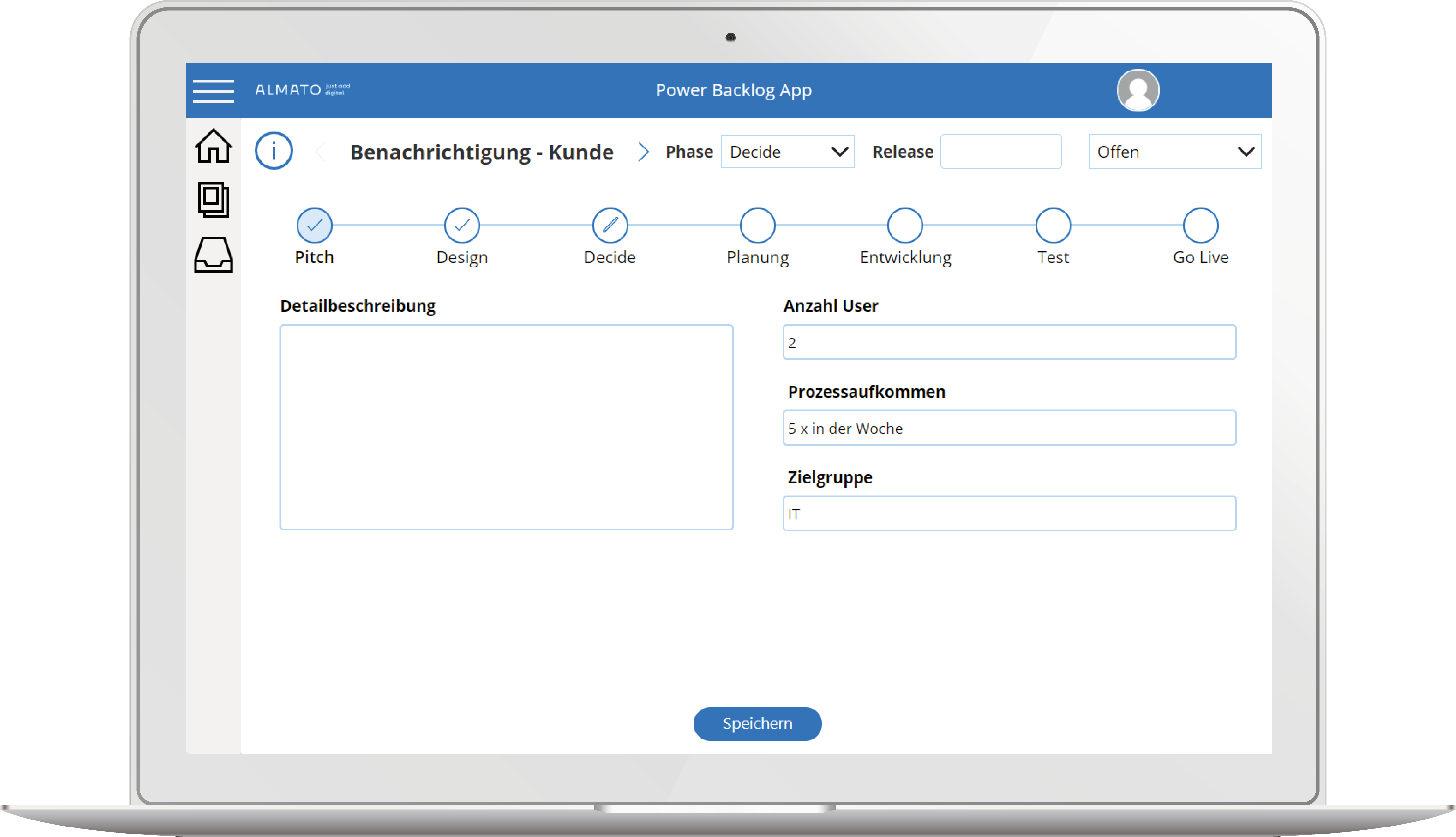 Detailed view of a case in the Almato Backlog app. Options to select for each phase: Pitch, Design, Decide, Planning, Development, Test, Go Live. Information on detailed description, number of users, process volume and target group. Button for saving. 